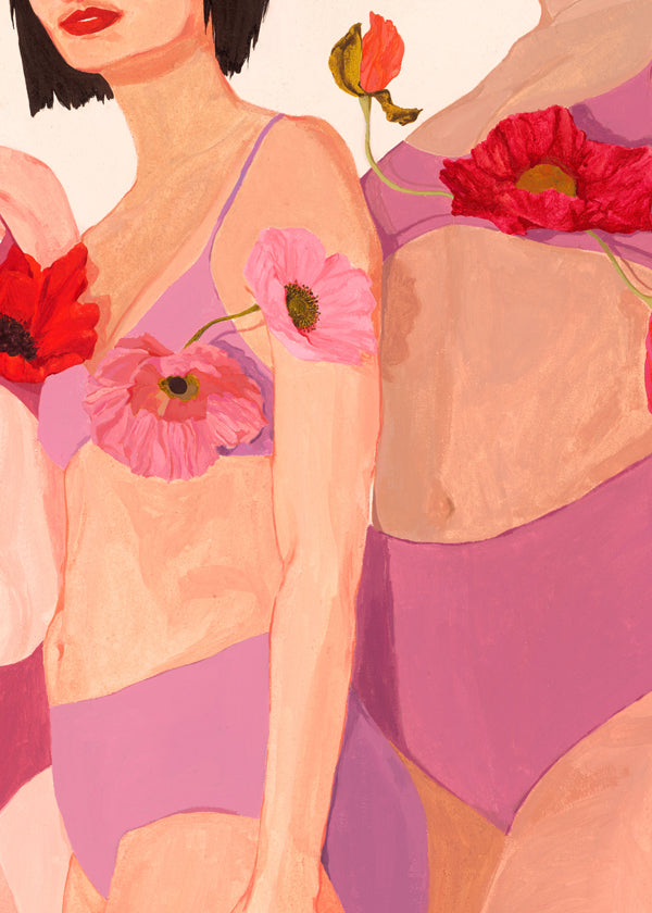 Kvindeillustration med valmuer i pink