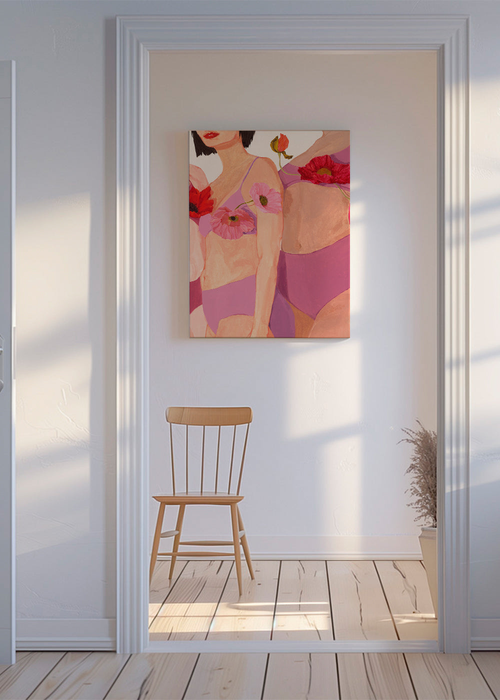 Kvindeillustration med valmuer i pink