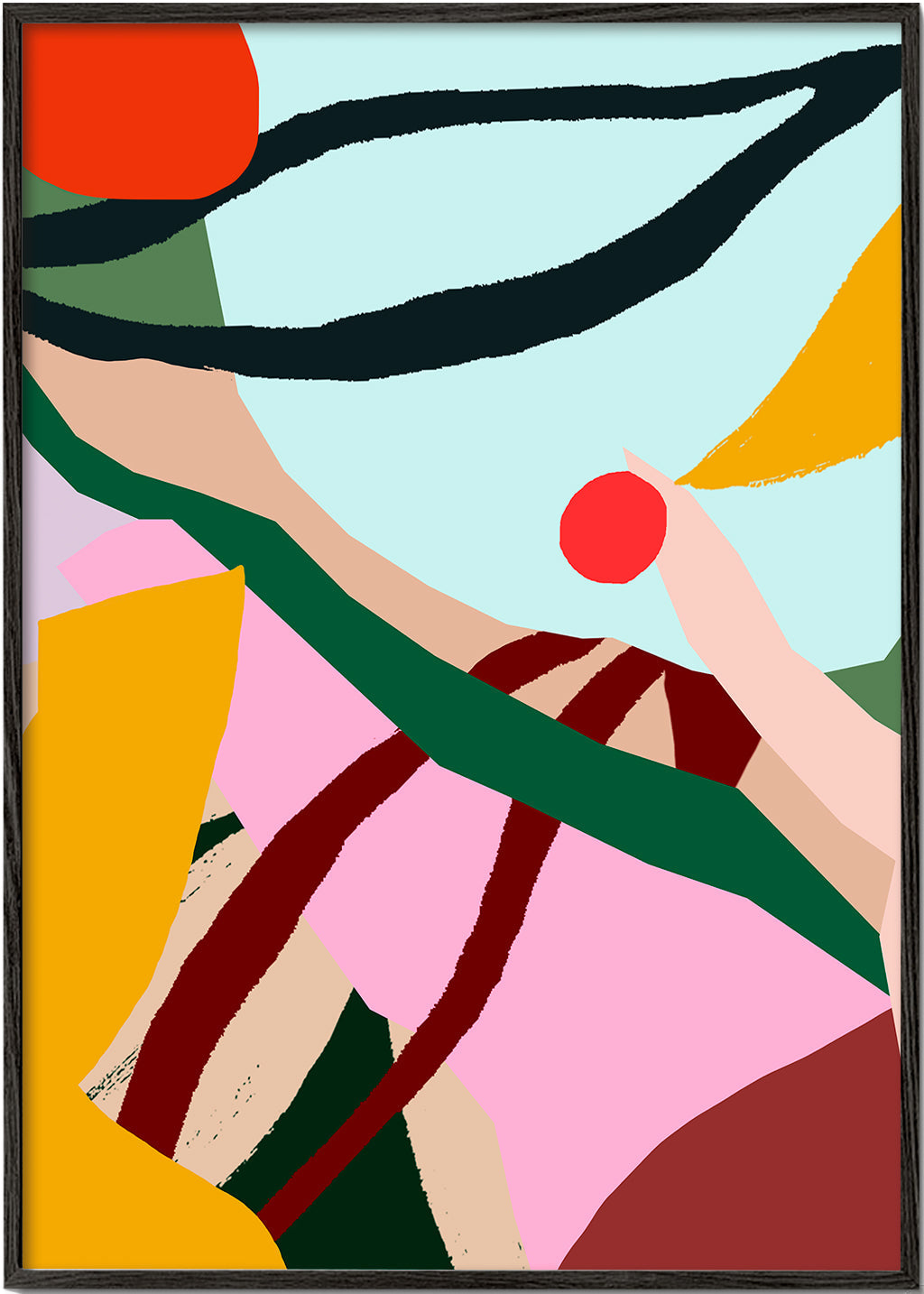 Abstrakt illustration med frugt og hånd