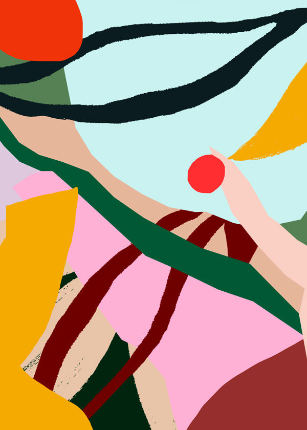 Abstrakt illustration med frugt og hånd