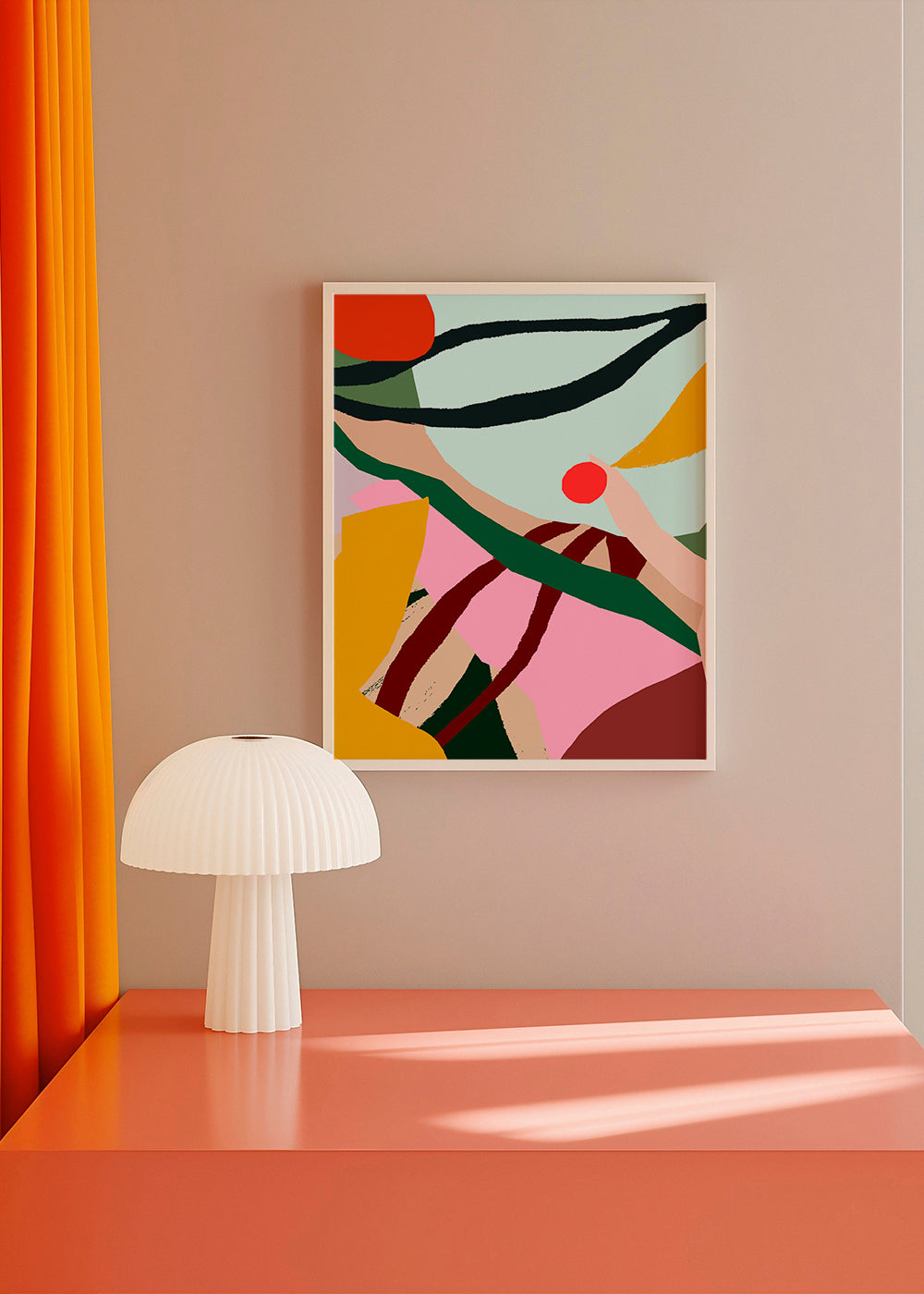 Abstrakt illustration med frugt og hånd