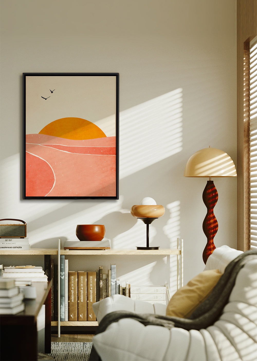 Landskabskunst med geometrisk koral sol