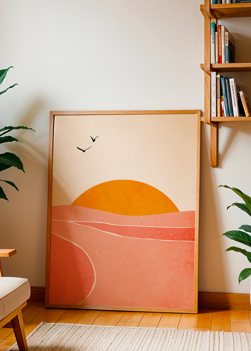 Landskabskunst med geometrisk koral sol