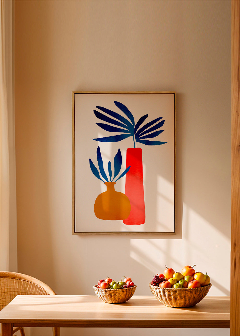 Botanisk plakat med farverige minimalistiske vaser