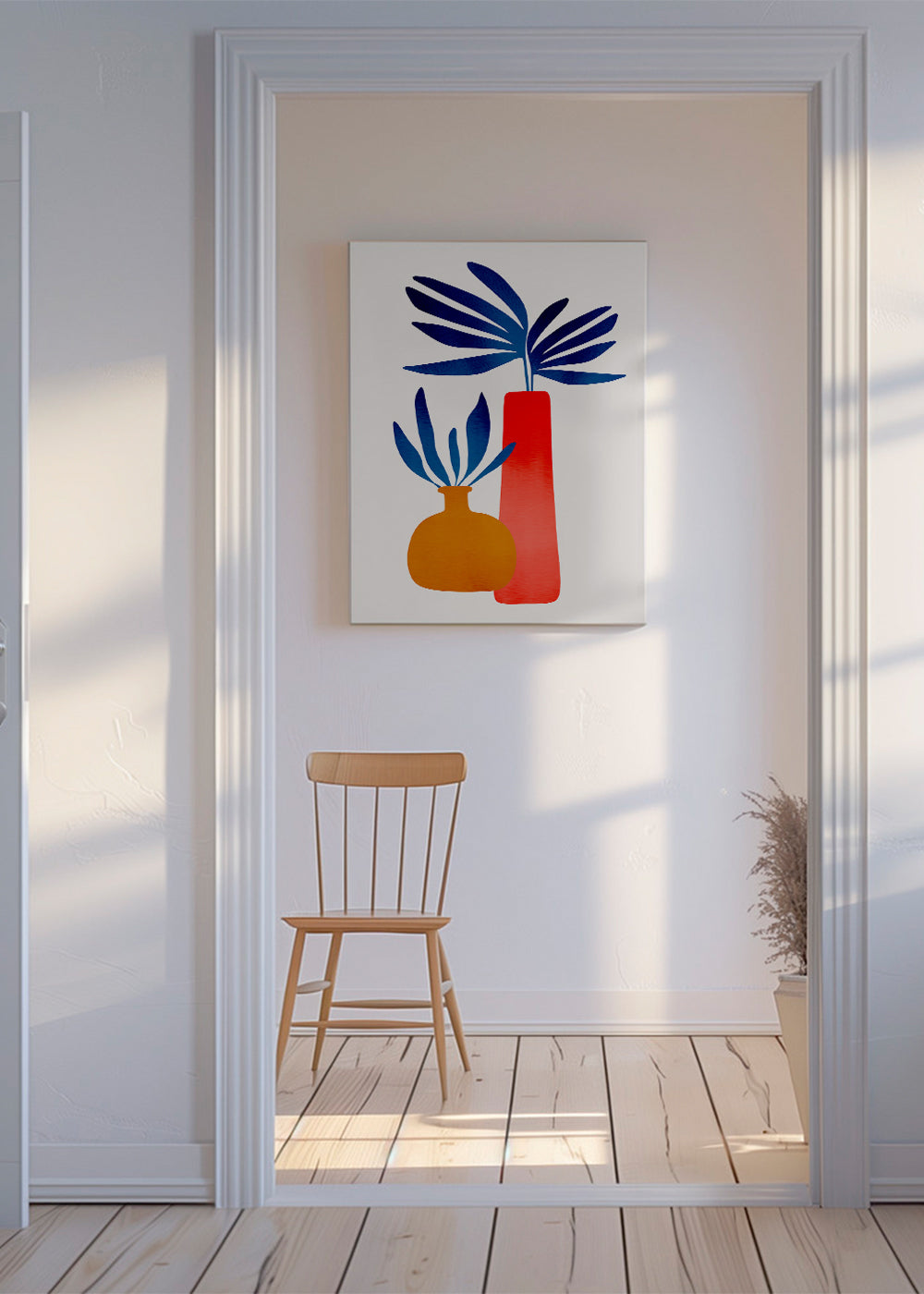 Botanisk plakat med farverige minimalistiske vaser