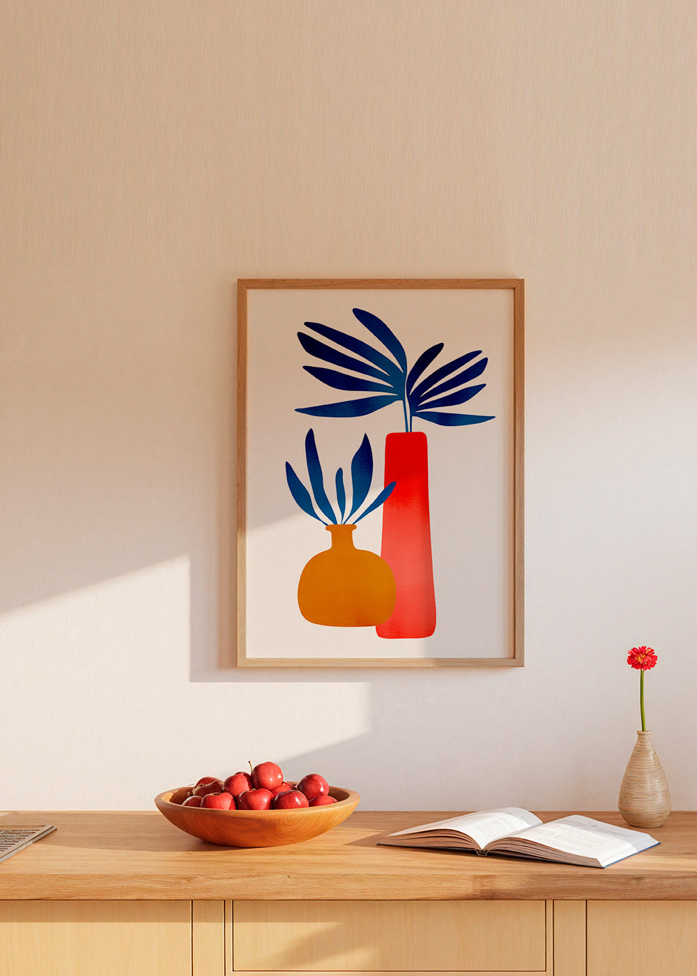 Botanisk plakat med farverige minimalistiske vaser