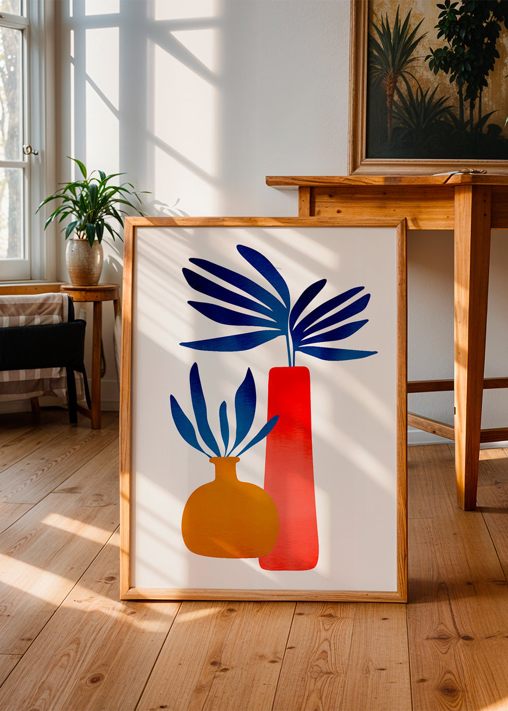 Botanisk plakat med farverige minimalistiske vaser