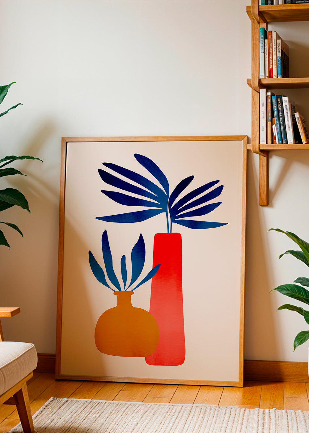 Botanisk plakat med farverige minimalistiske vaser