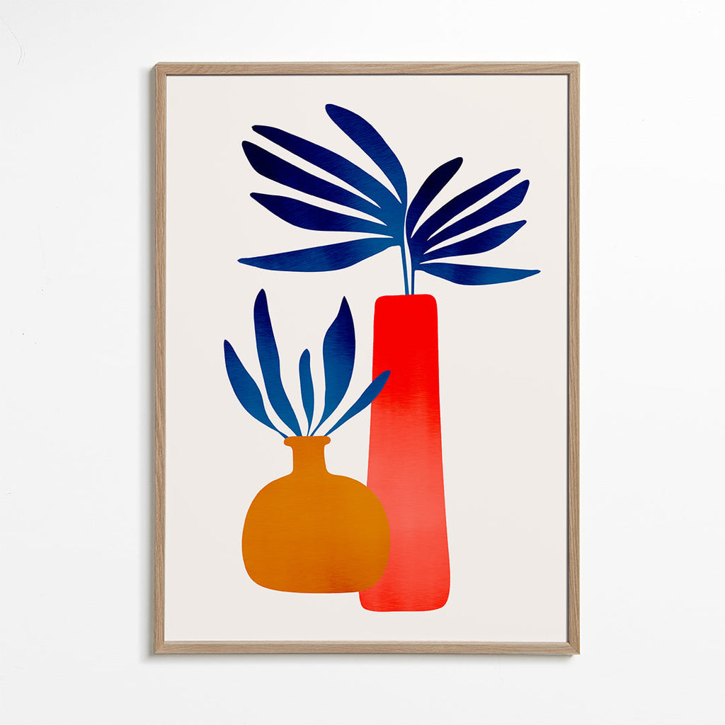 Botanisk plakat med farverige minimalistiske vaser
