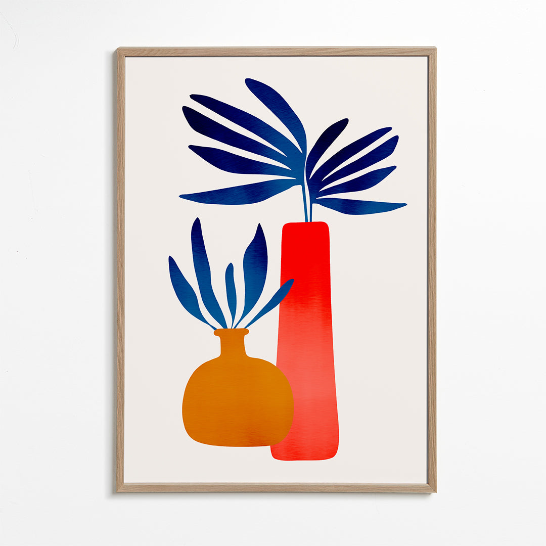 Botanisk plakat med farverige minimalistiske vaser