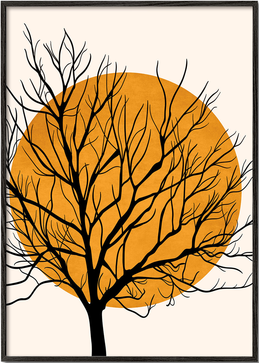 Botanisk plakat: træ-silhuet med orange sol