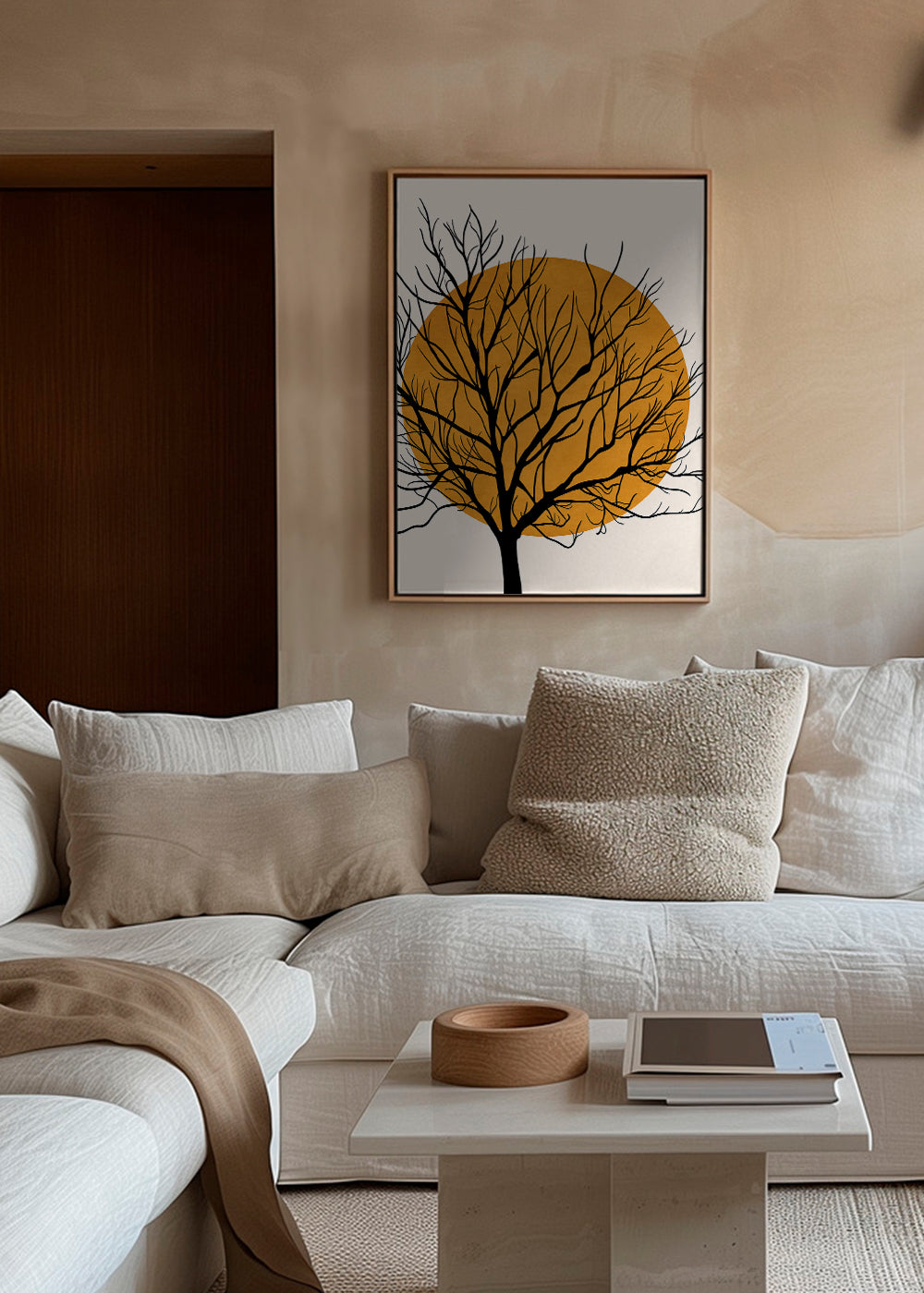 Botanisk plakat: træ-silhuet med orange sol