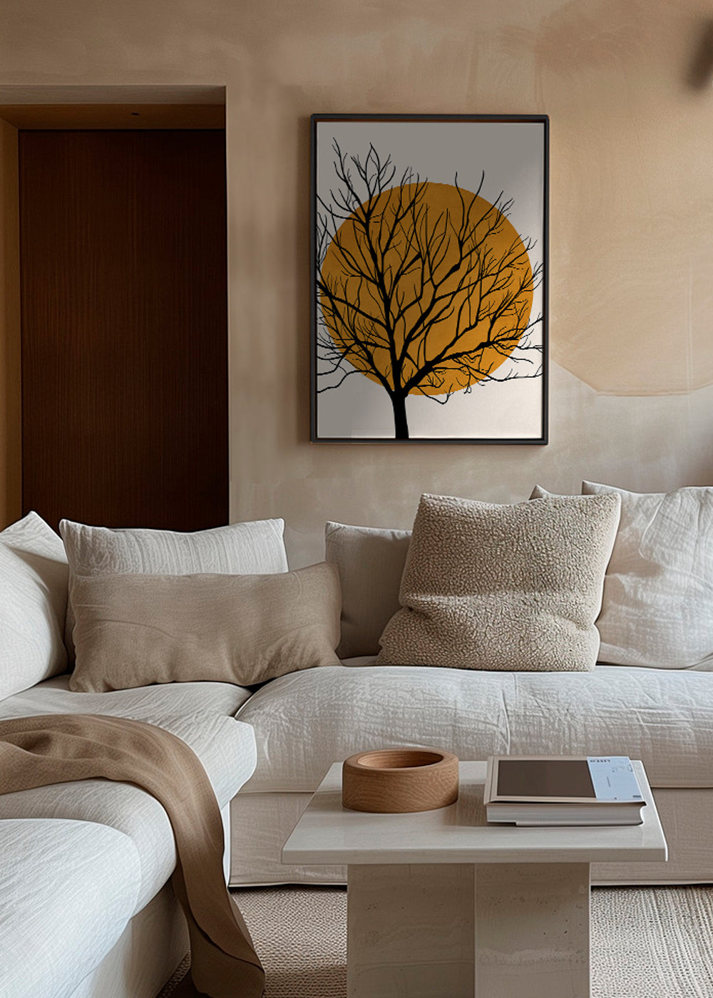 Botanisk plakat: træ-silhuet med orange sol