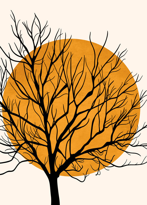 Botanisk plakat: træ-silhuet med orange sol