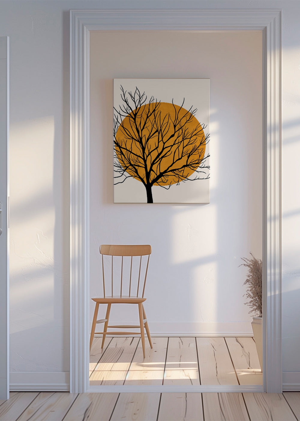 Botanisk plakat: træ-silhuet med orange sol