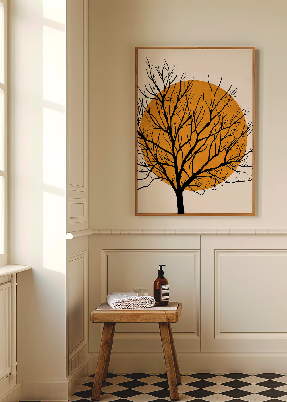 Botanisk plakat: træ-silhuet med orange sol
