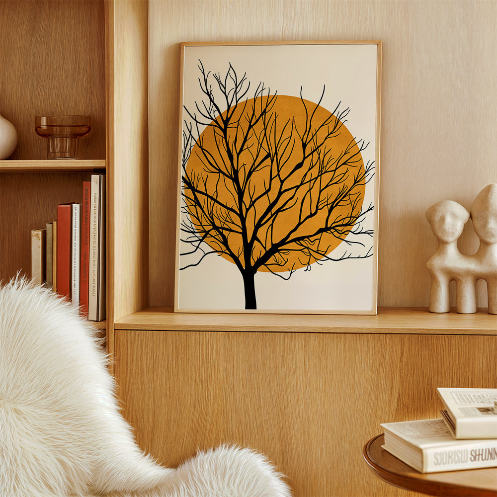 Botanisk plakat: træ-silhuet med orange sol