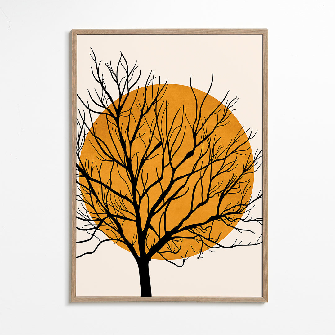 Botanisk plakat: træ-silhuet med orange sol