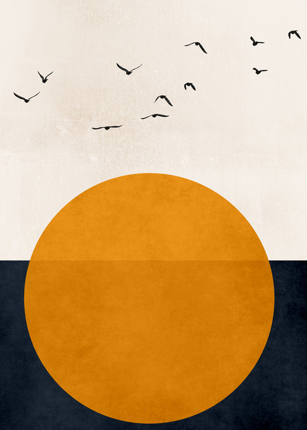 Geometrisk plakat med orange sol og fugle