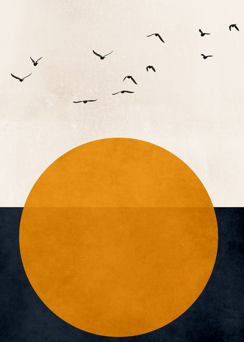 Geometrisk plakat med orange sol og fugle