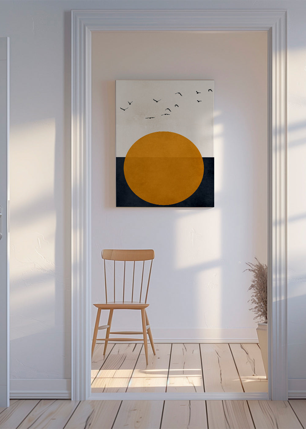 Geometrisk plakat med orange sol og fugle