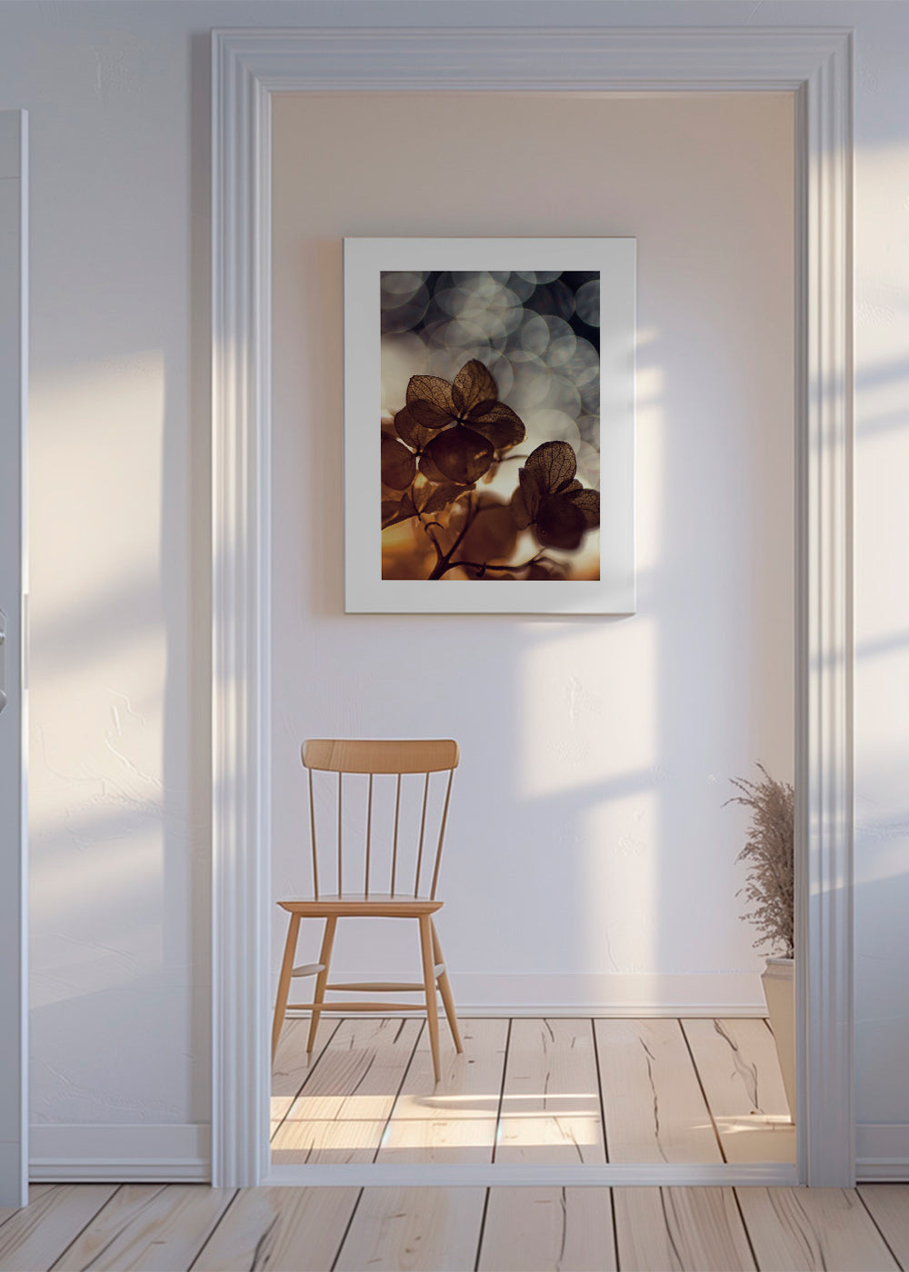 Botanisk plakat: tørrede blomster i blødt bokeh