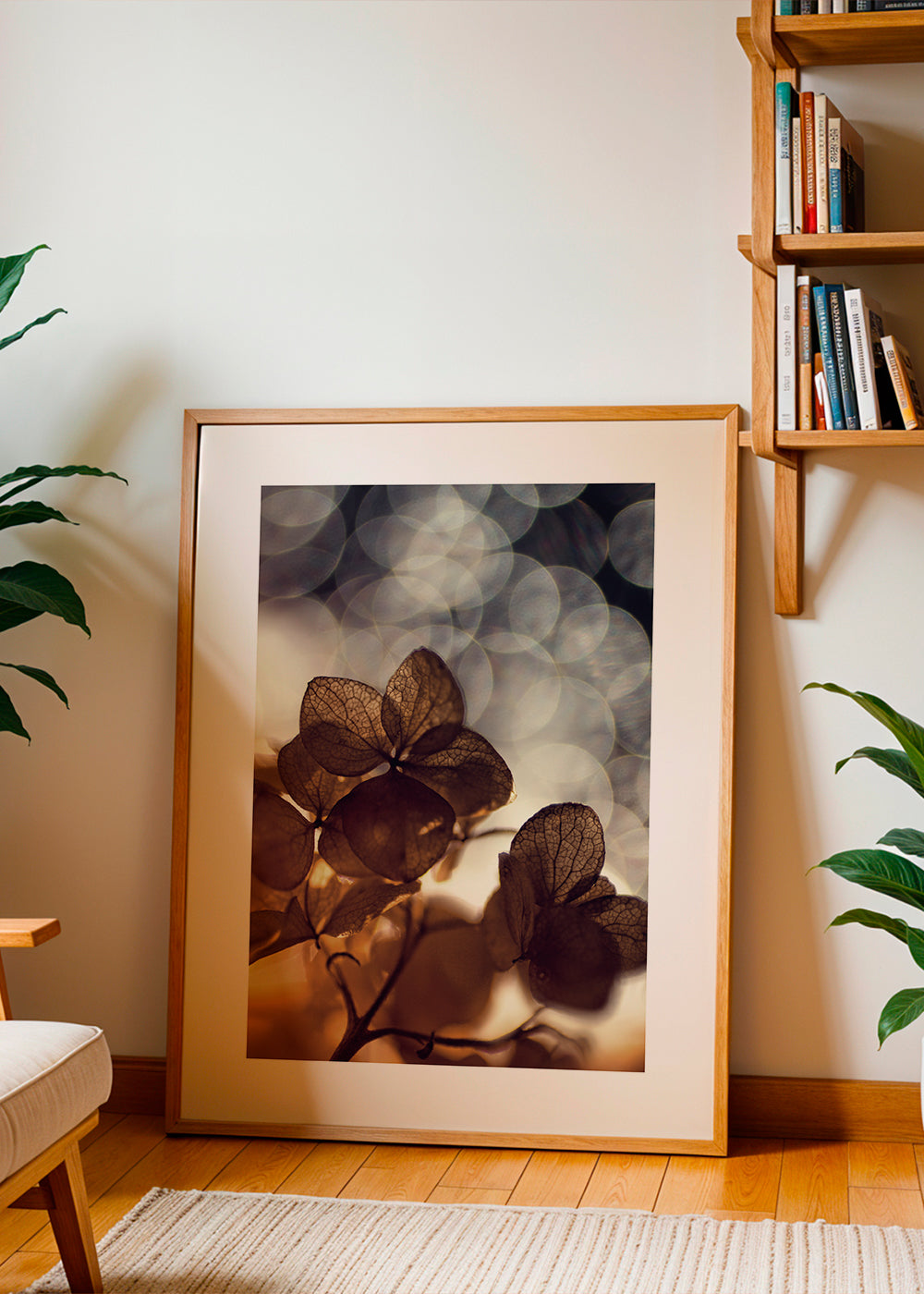 Botanisk plakat: tørrede blomster i blødt bokeh