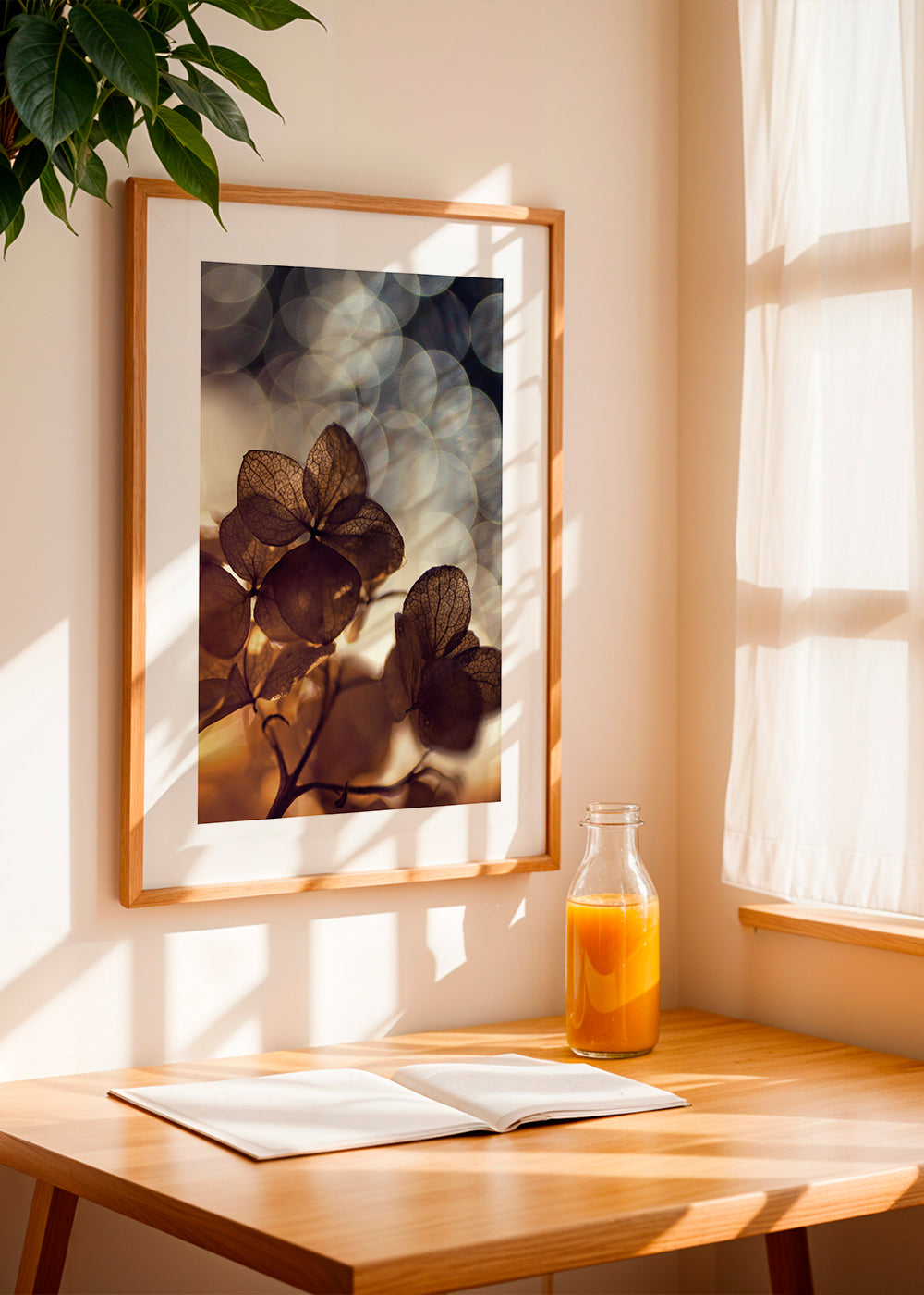 Botanisk plakat: tørrede blomster i blødt bokeh