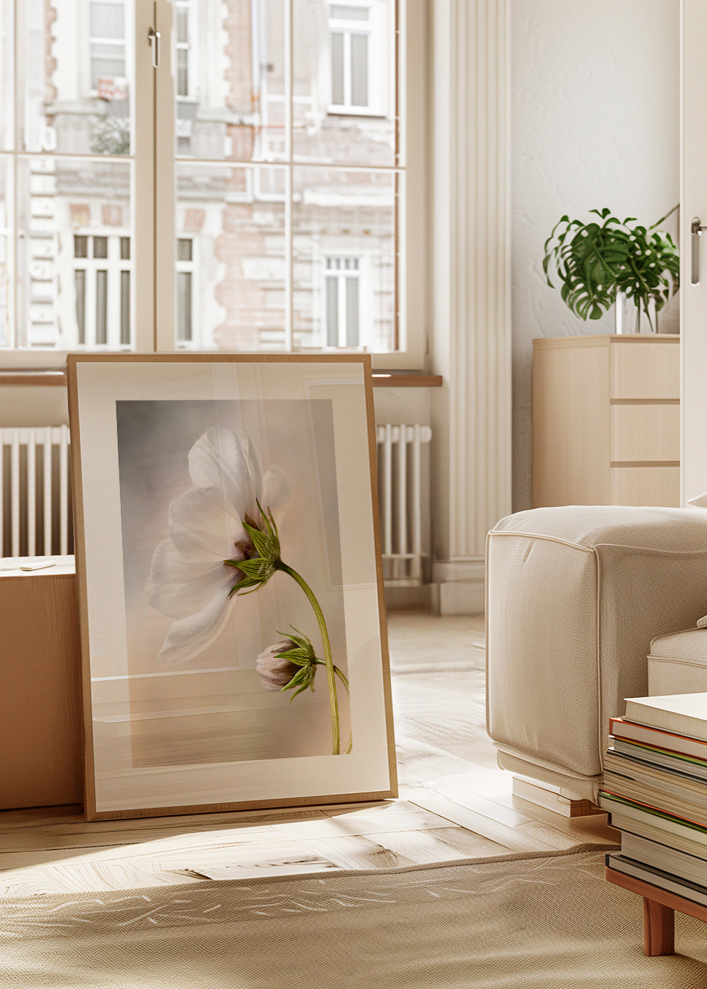 Botanisk plakat: hvid blomst på buet stilk