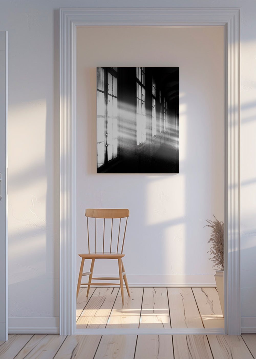 Fotografi af gang med vinduer og lysstråler
