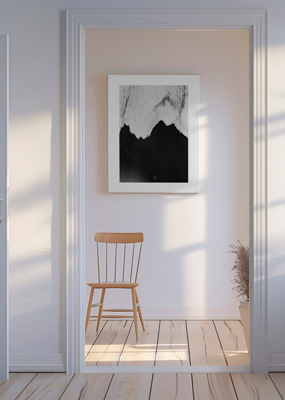 Landskabskunst sort-hvid med bjergsilhuet
