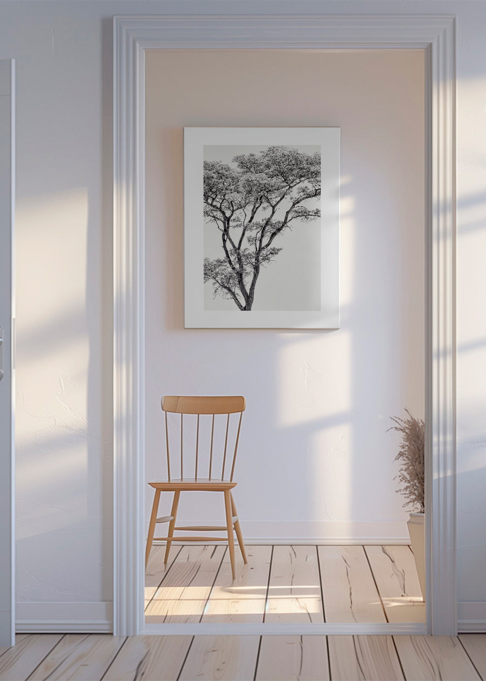 Botanisk plakat: træ i sort-hvid