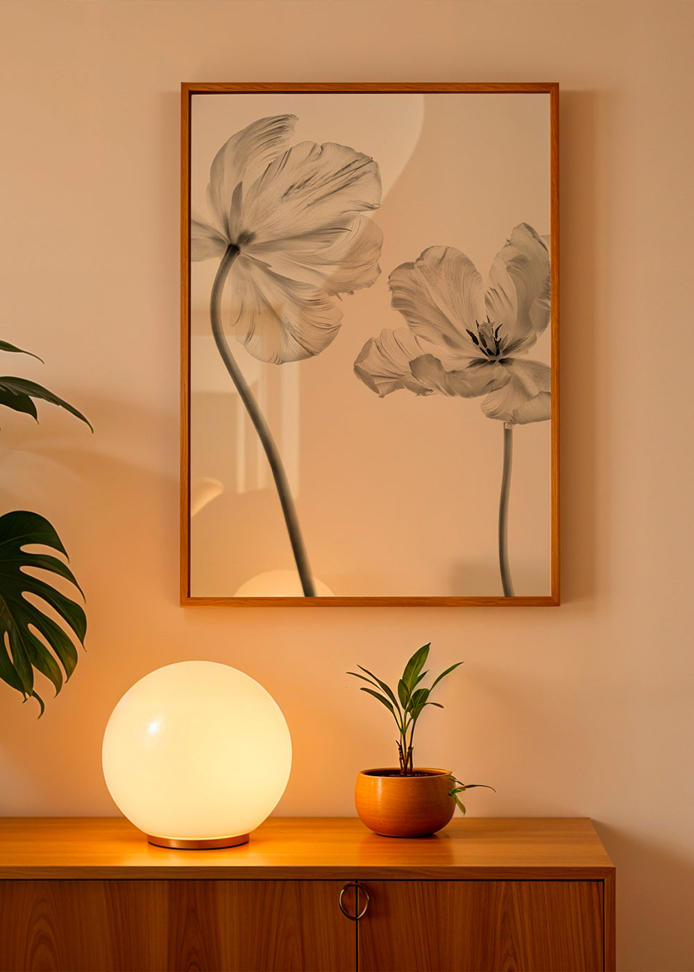 Botanisk plakat: tulipaner i sort-hvid