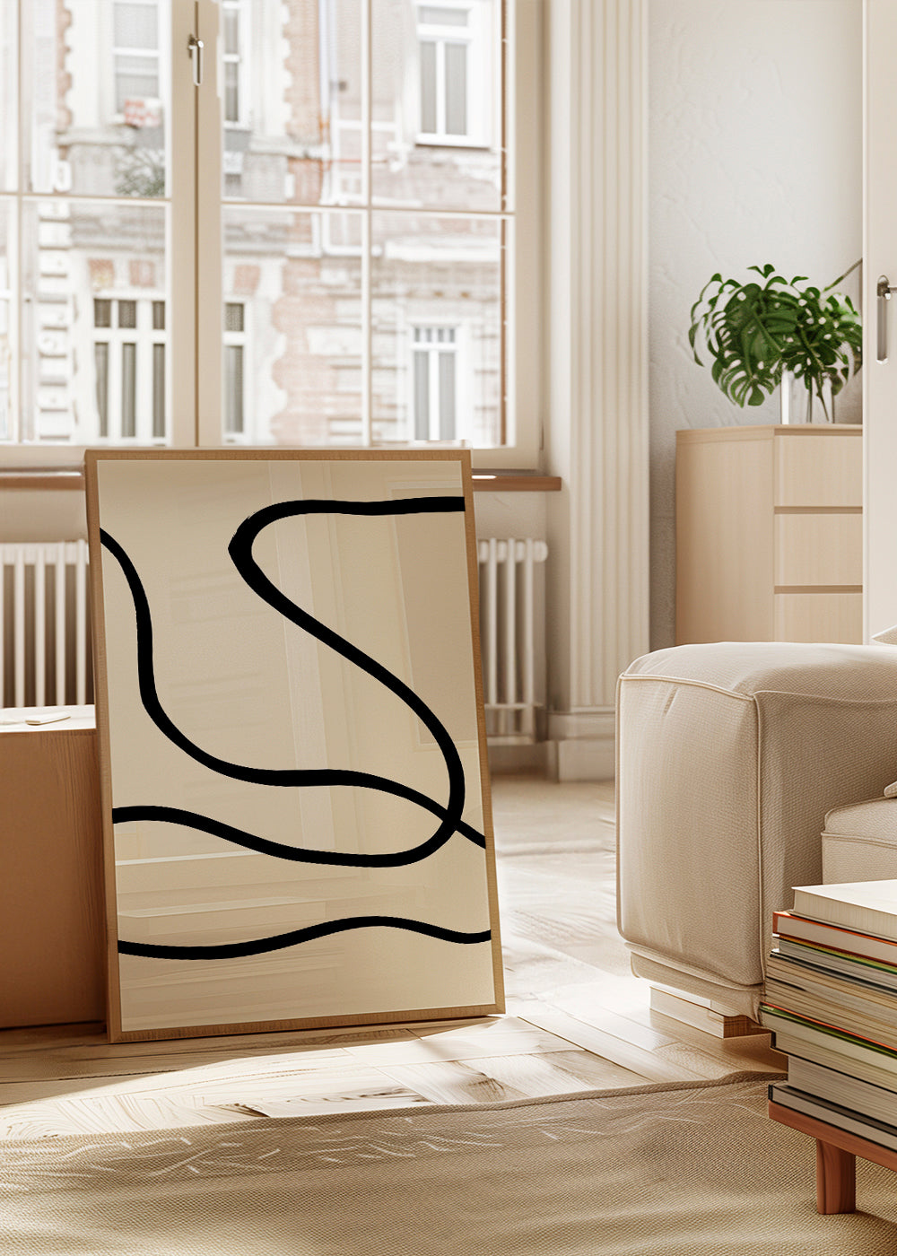Minimalistisk plakat med sorte linjer på beige
