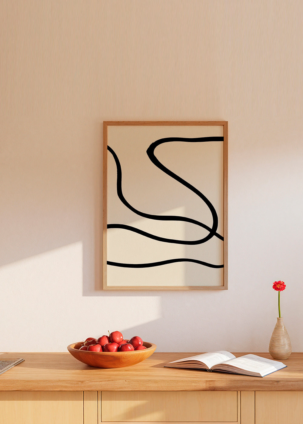 Minimalistisk plakat med sorte linjer på beige