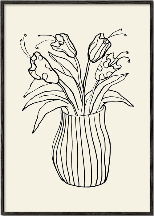 Botanisk plakat: vase med tulipaner linjetegning