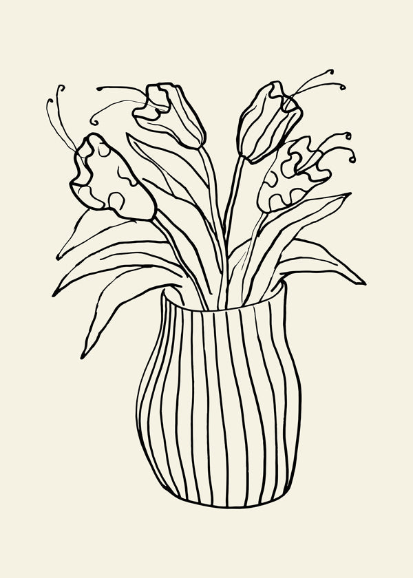 Botanisk plakat: vase med tulipaner linjetegning