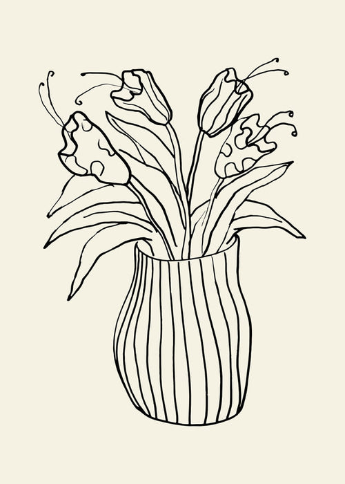 Botanisk plakat: vase med tulipaner linjetegning