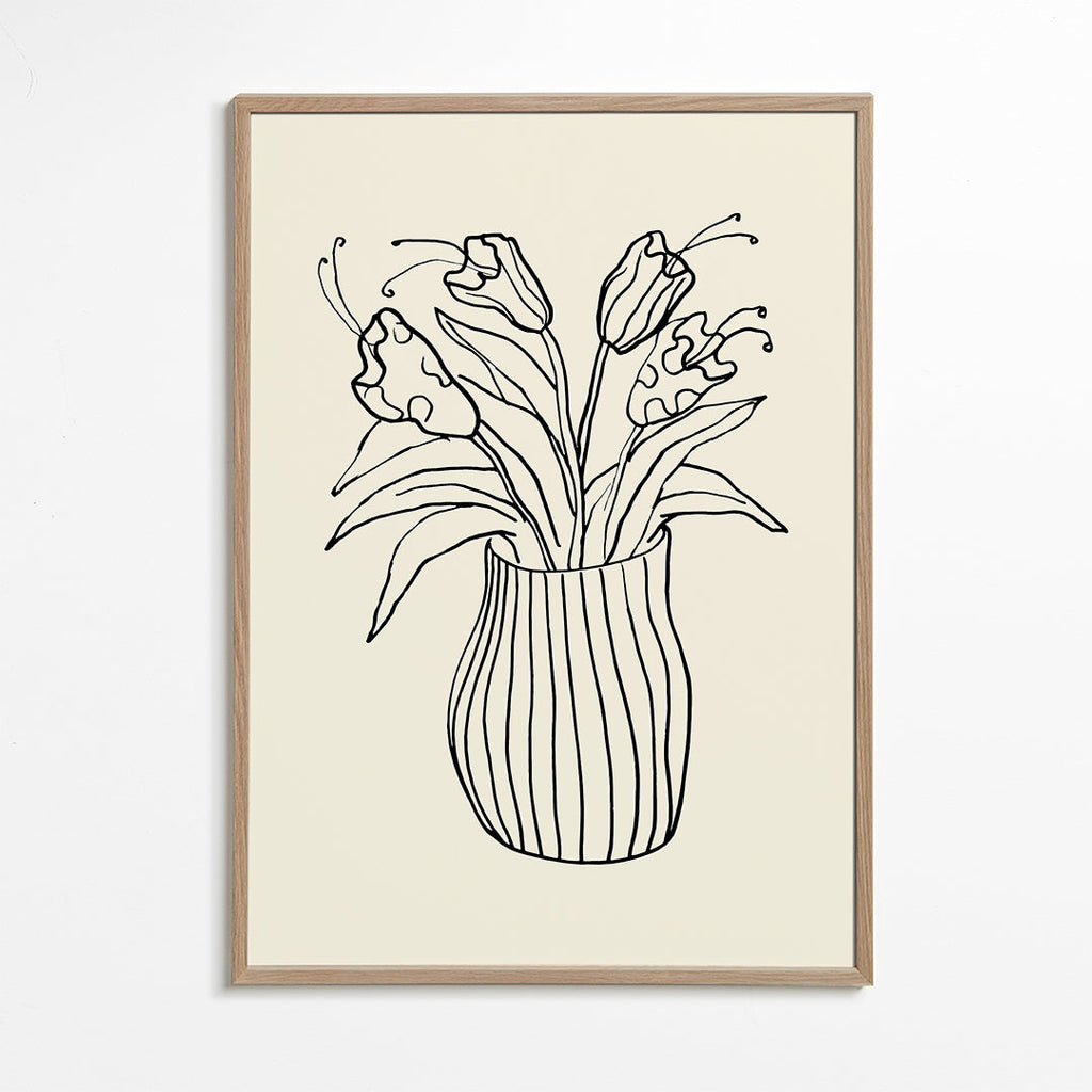 Botanisk plakat: vase med tulipaner linjetegning