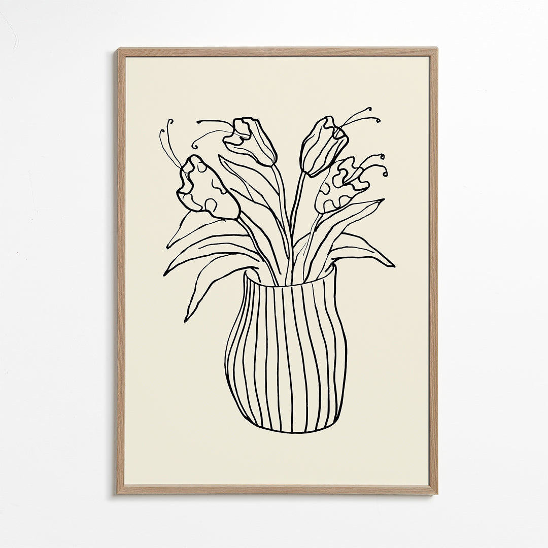 Botanisk plakat: vase med tulipaner linjetegning