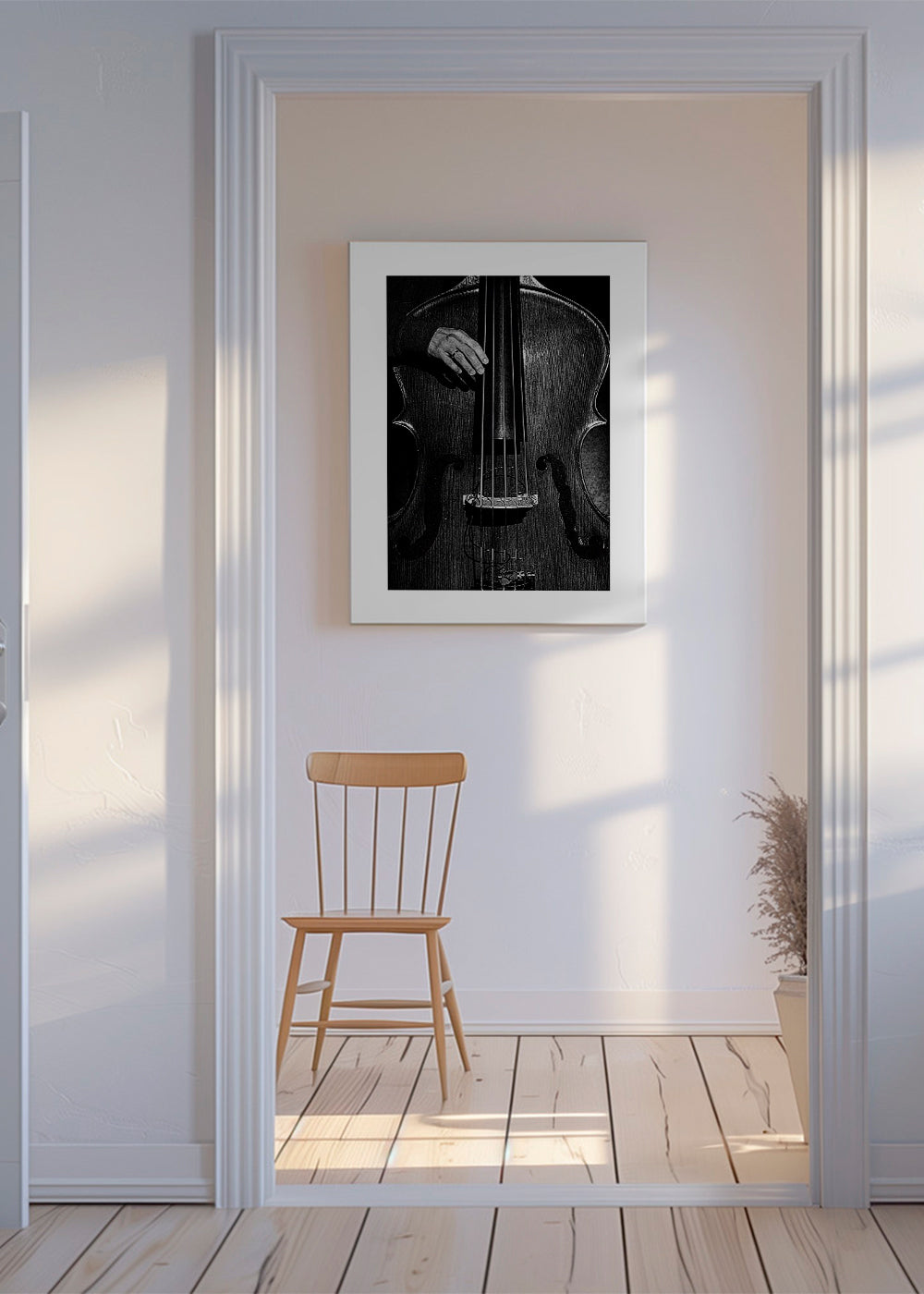 Fotografi af kontrabas i sort-hvid