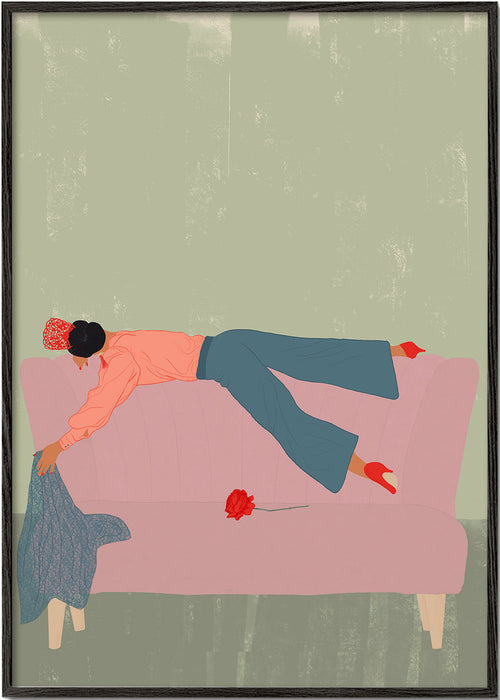 Illustration af figur liggende på rosa sofa