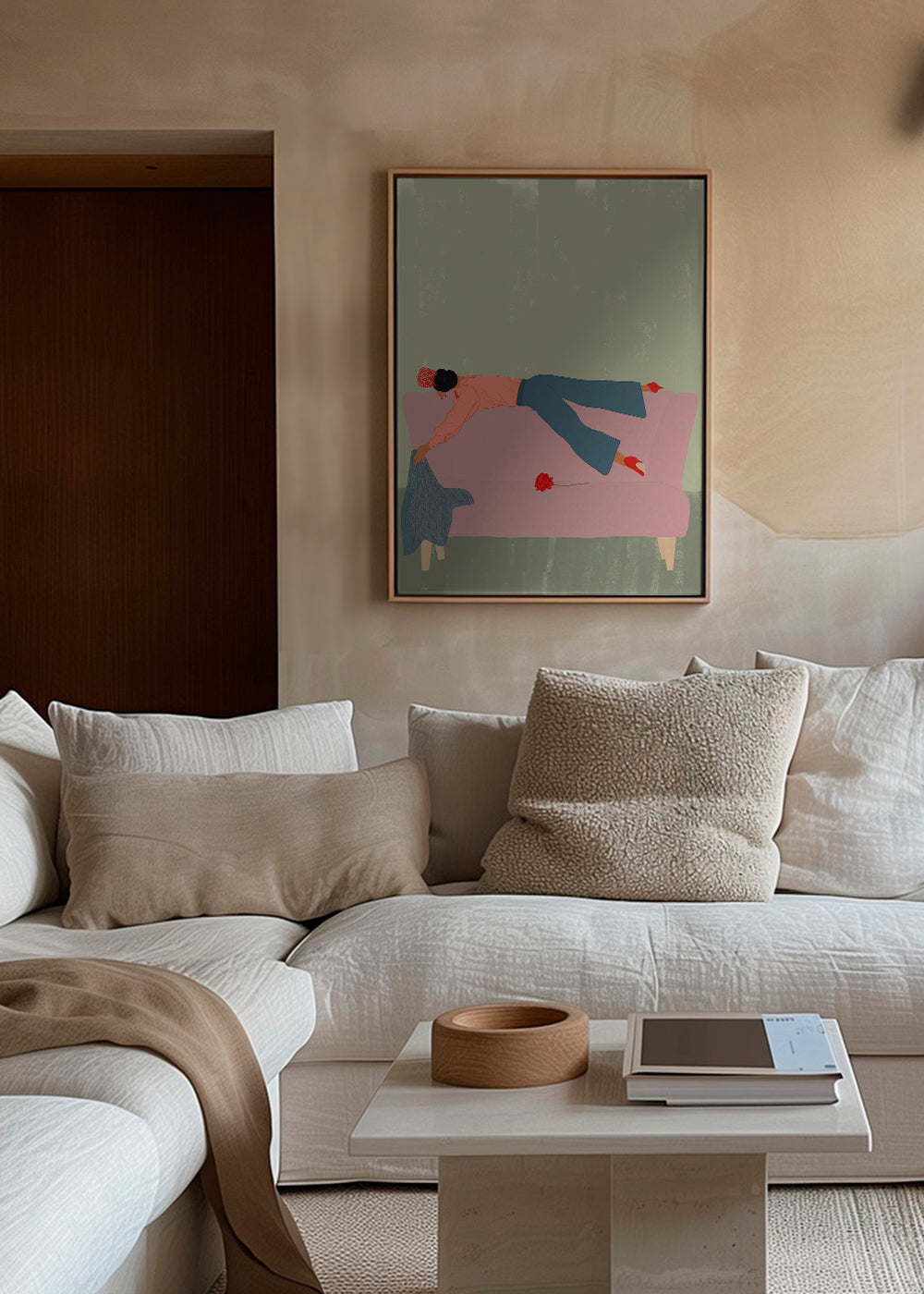 Illustration af figur liggende på rosa sofa
