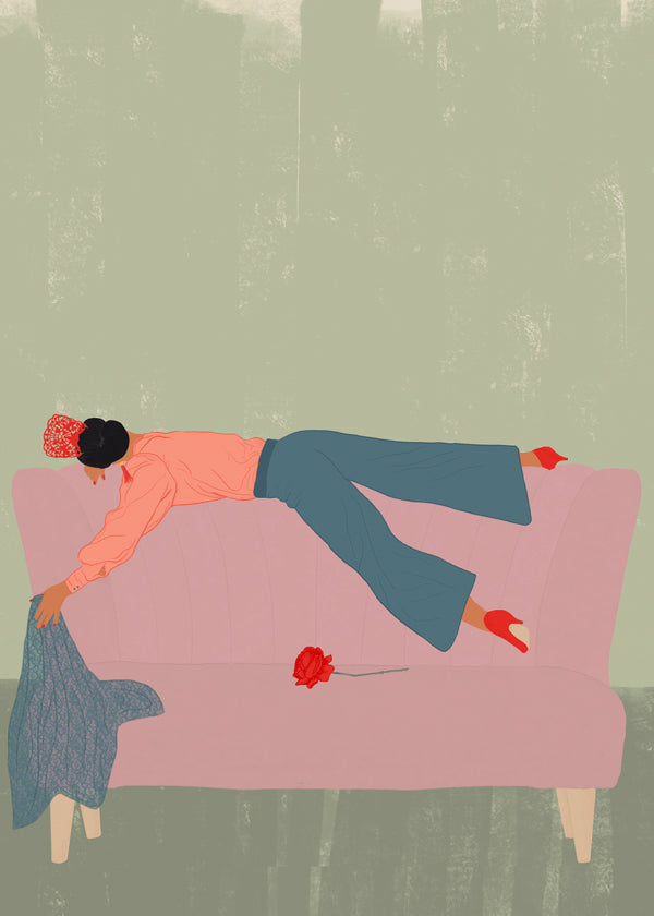 Illustration af figur liggende på rosa sofa