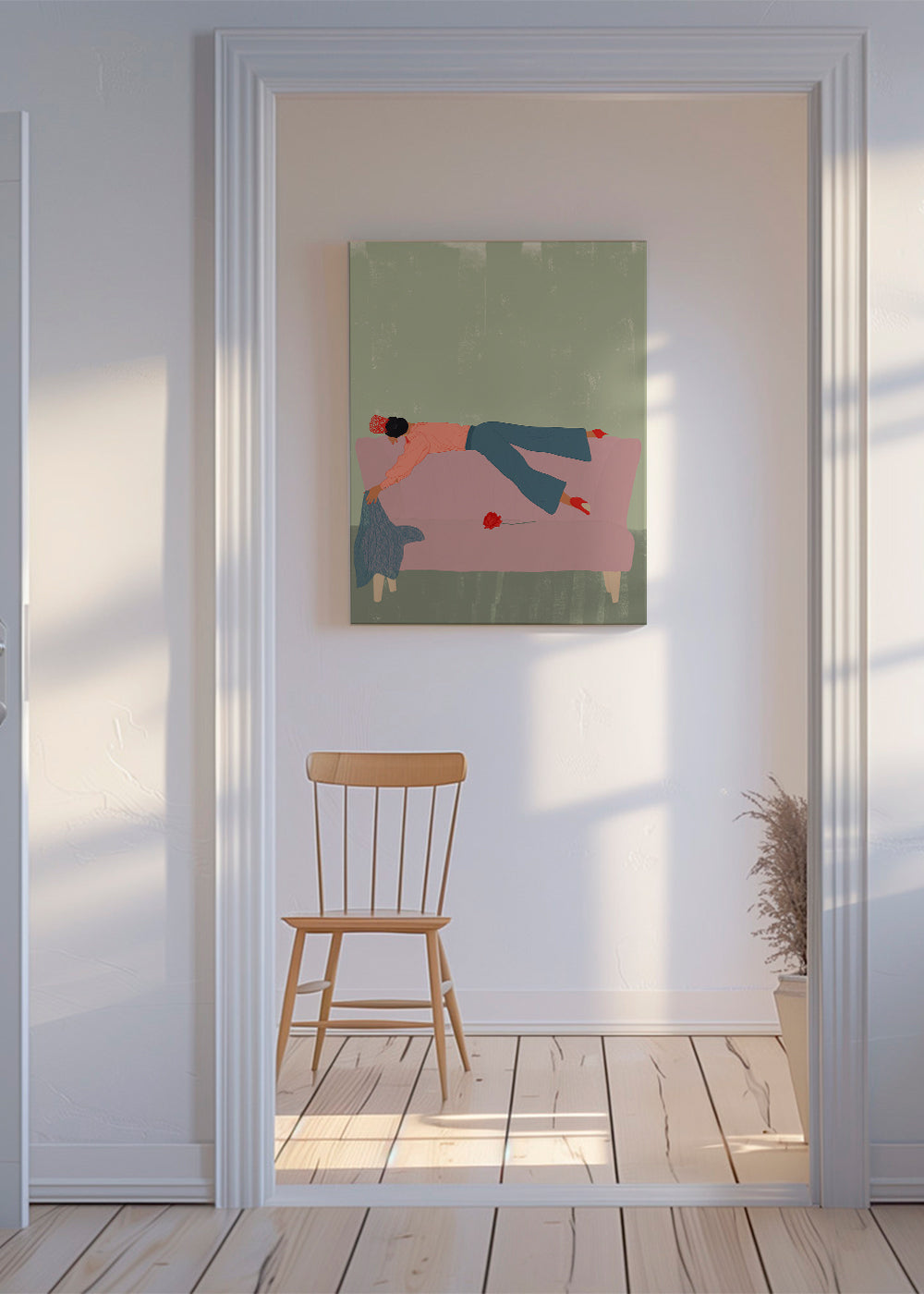 Illustration af figur liggende på rosa sofa