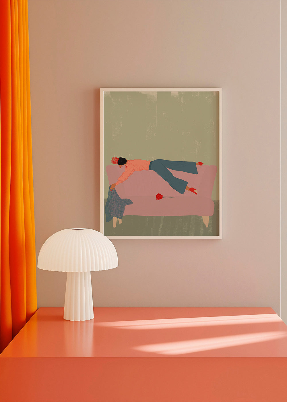 Illustration af figur liggende på rosa sofa