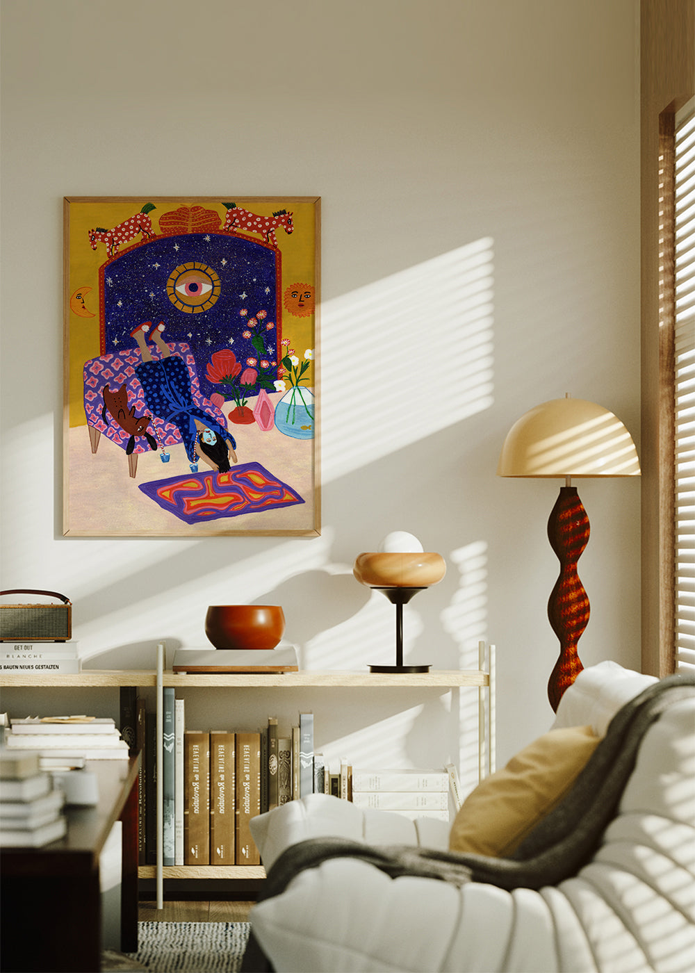 Surrealistisk illustration af hvile med centralt øje