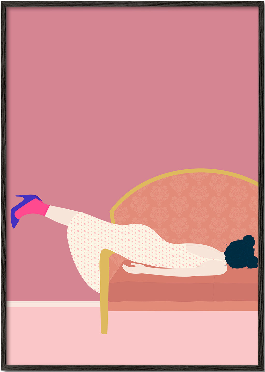 Illustration kvinde på rosa sofa