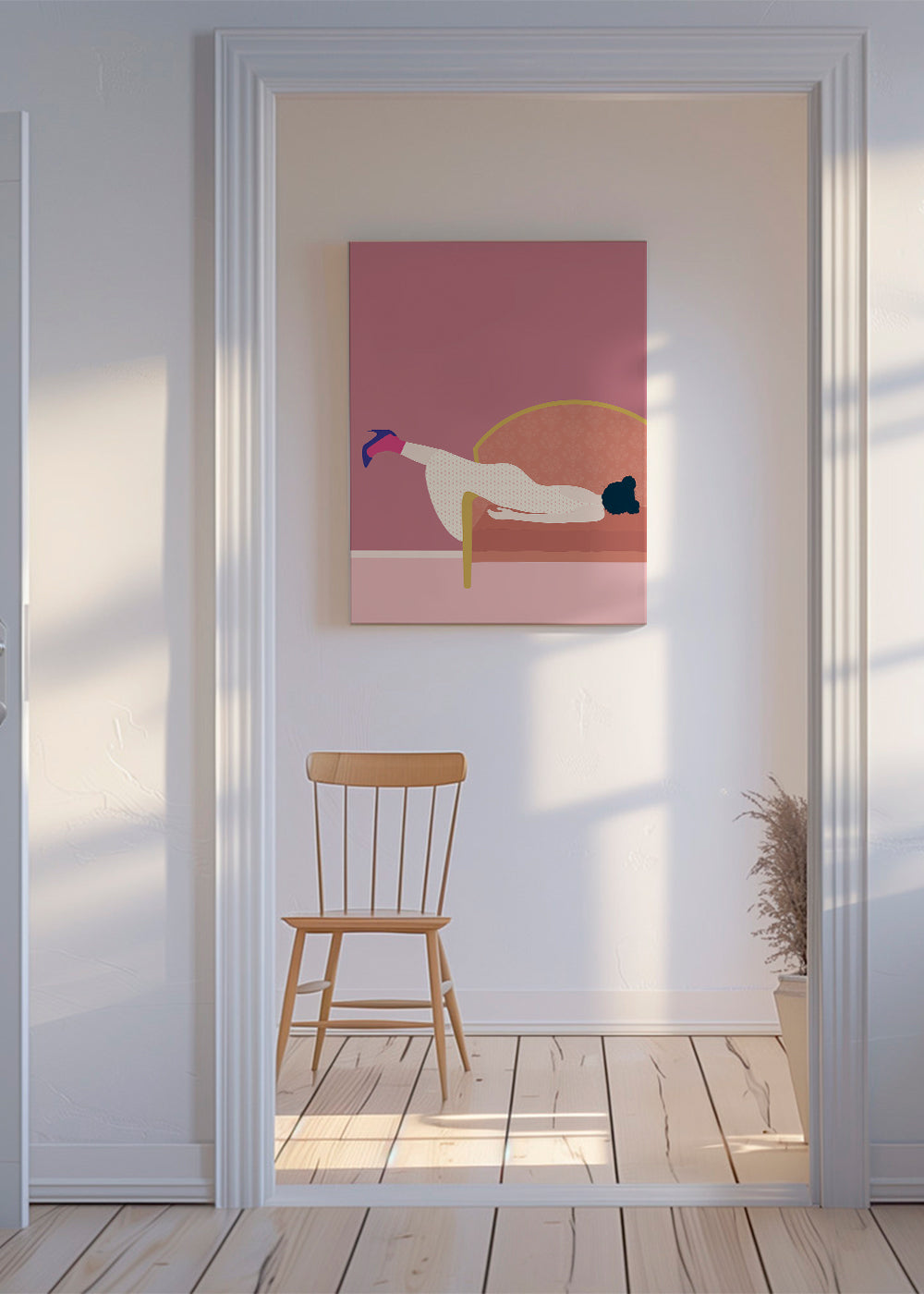 Illustration kvinde på rosa sofa