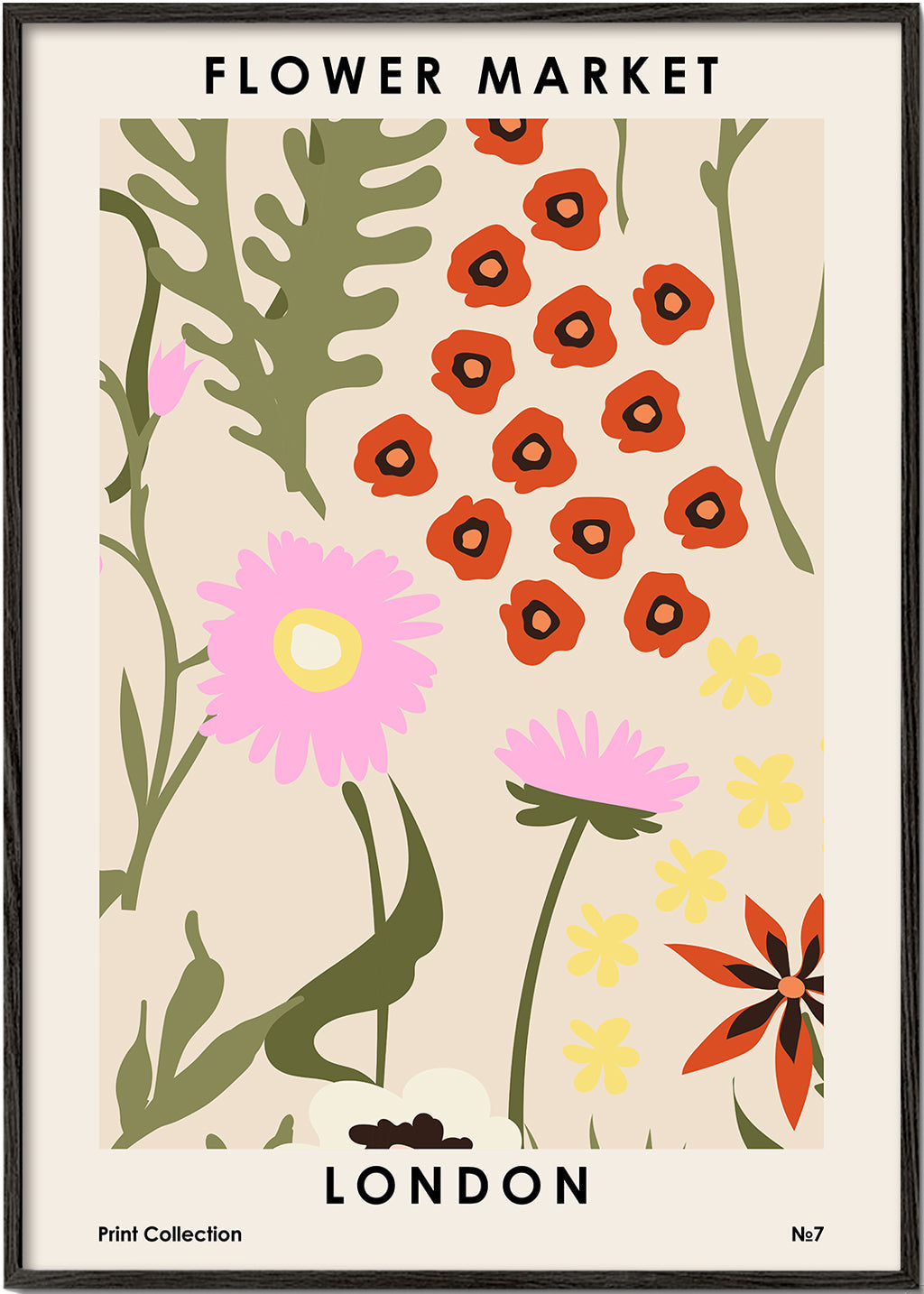 Botanisk plakat Flower Market London med illustrerede blomster